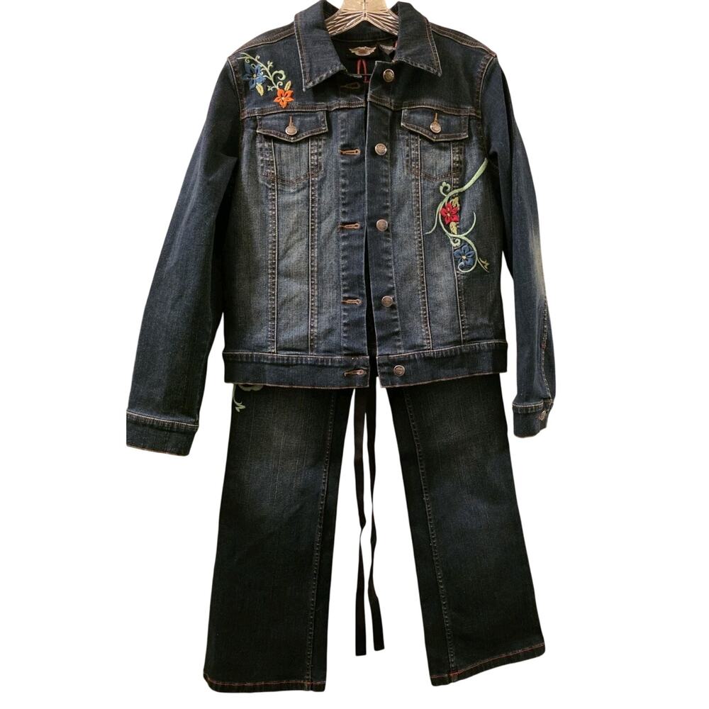Vtg Floral Embroidered Harley Davidson 3 Piece Denim Set Jacket Pants Corset S/2